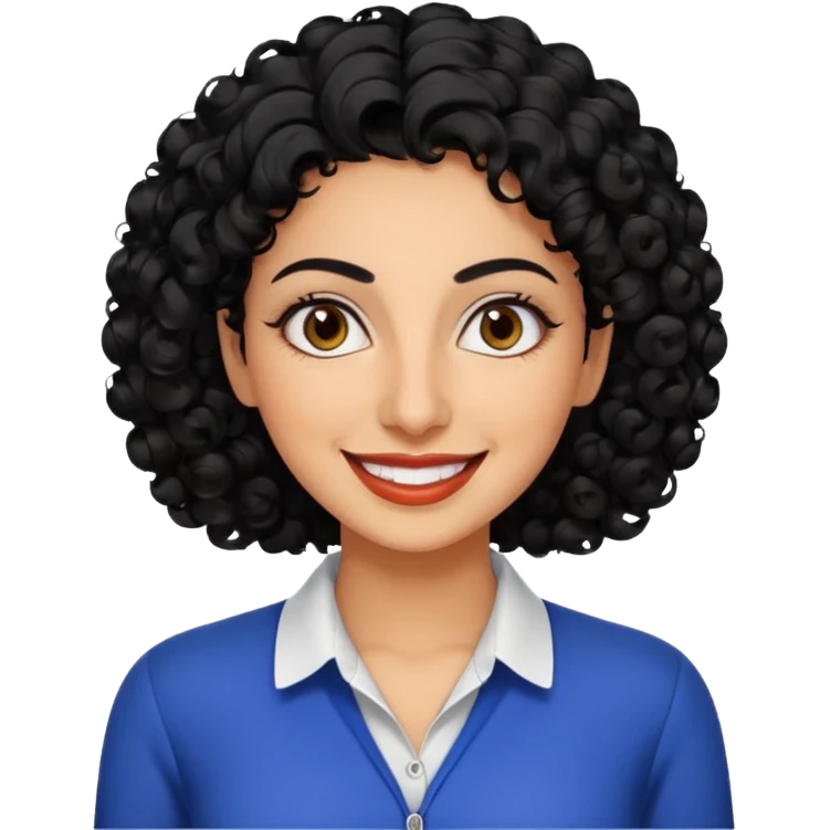 30 year old iranian woman very short curly black hair, big brown eyes, tanned skin, big smile, white teeth, pretty, stylish, shorter hair, boy cut hair, nice clothes emoji