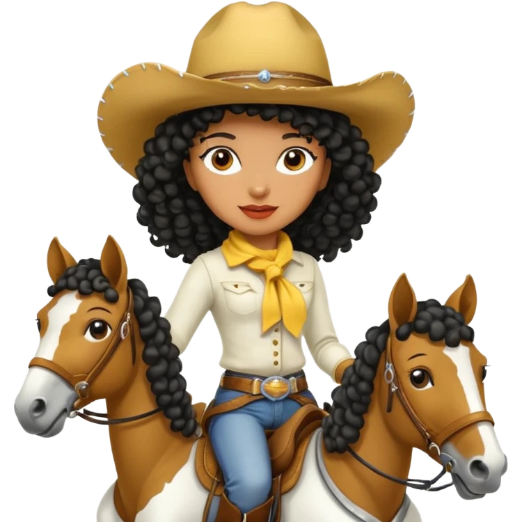 Black curly cowgirl Riding a white horse with yellow fur  emoji