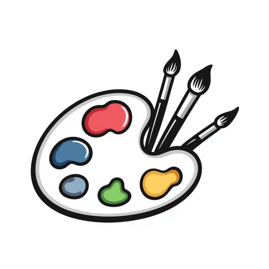 Detailed artist's palette with colorful paint blobs, palette holes, and paintbrushes. Sticker-like appearance with detailed doodle style and transparent background. emoji