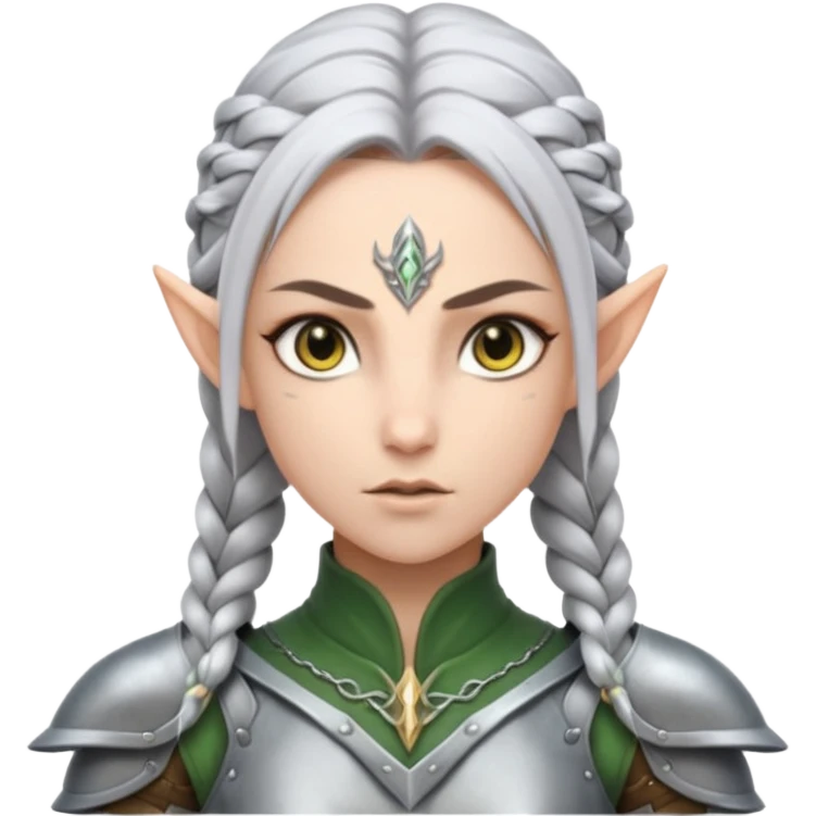 battle elf, tight braid, silver armor, fierce stare emoji