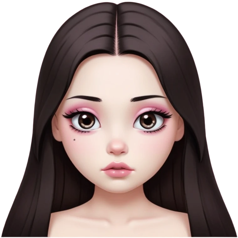 girl with white skin, dark brown long realistic straight hair with middle part prominently falling in front of her body over her shoulders, very big pouty extra shiny lips with absolutely no cupid's bow, big round eyes with very black shiny eyeballs and huge eyelashes, no eyeshadow, pink blush on cheeks, lighter button nose, extremely long oval-shaped face, wearing a pink off-shoulder top, looking directly at camera with hands down at sides emoji