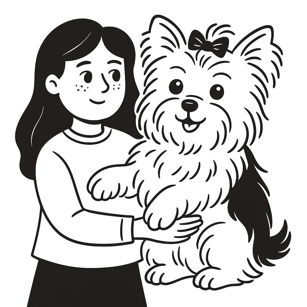 Make the yorkie dog much bigger, keep the 11 year old girl with freckles and long wavy brown hair, preserve the look of notion style hand drawn doodles. emoji