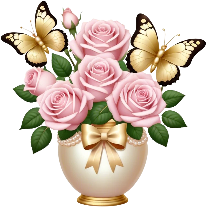 Realistic aesthetic bouquet of roses. Three white and three light pink in a pearl vase and a beige bow with gold decoration and a butterfly with gold and beige wings emoji