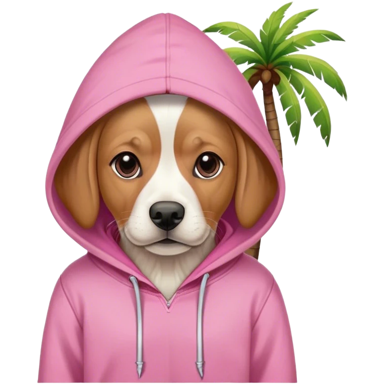 Dog wearing pink hoodie with darker pink palm tree on the right side of the hoodie emoji