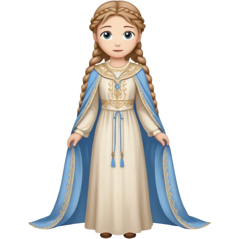 Joven de unos 30 años, de aspecto dulce, elegante.
Piel clara, ojos (pueden ser azules o verdes)
castaño claro largo, con trenzas.
Vestido largo de tonos suaves (blanco, azul o lavanda), con bordados dorados; un manto o toca fina cubriendo la cabeza. Que se vea todo el cuerpo de pies a cabeza emoji