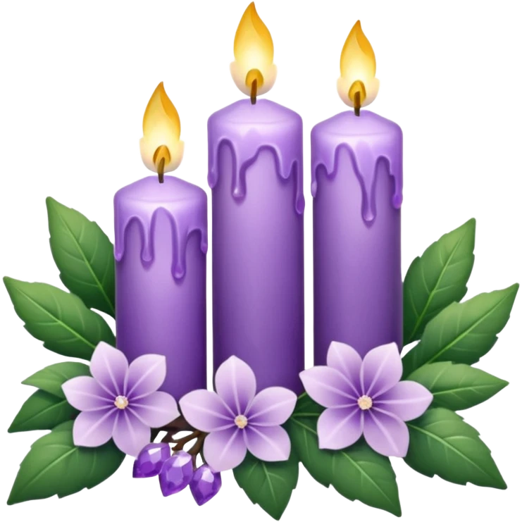 Aesthetic scenic romantic lavender lilac pastels beautiful gorgeous holy divine spiritual pretty elegant sparkly shiny scene of Candles, flowers, plants leaves, amethyst crystals, scenic aesthetic scenery emoji