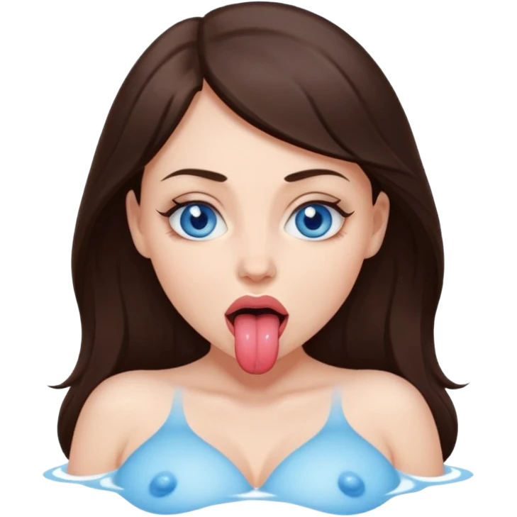 Brunette woman with blue eyes, with big naked tits with nipples, with tongue out while drooling  emoji