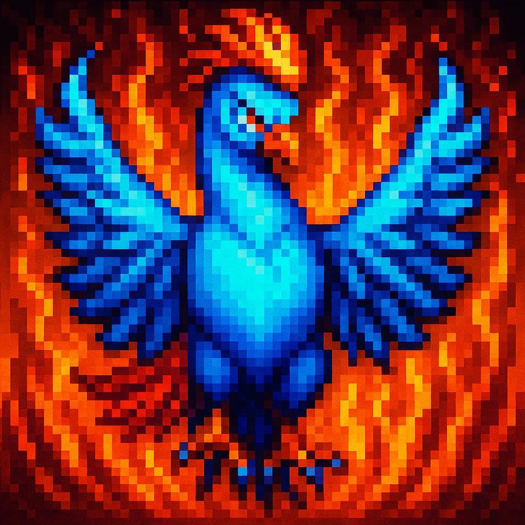 Add a fiery background with flames to the cool phoenix, keep the pixel art style with pixelated details and limited color palette. emoji
