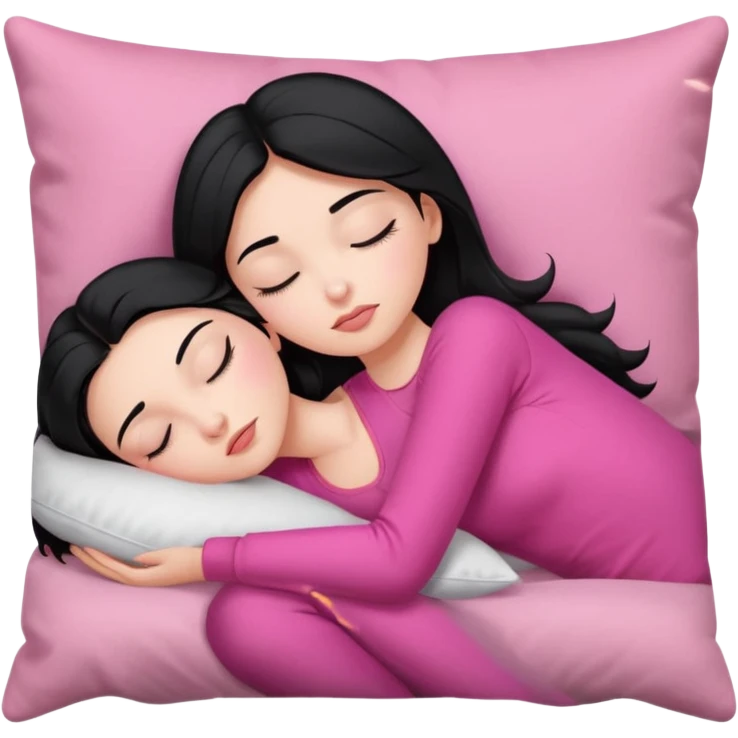 Sleeping on the pillow, beauty hot and pretty Pale girl with medium high black hair wearing sexy pink clothes  emoji