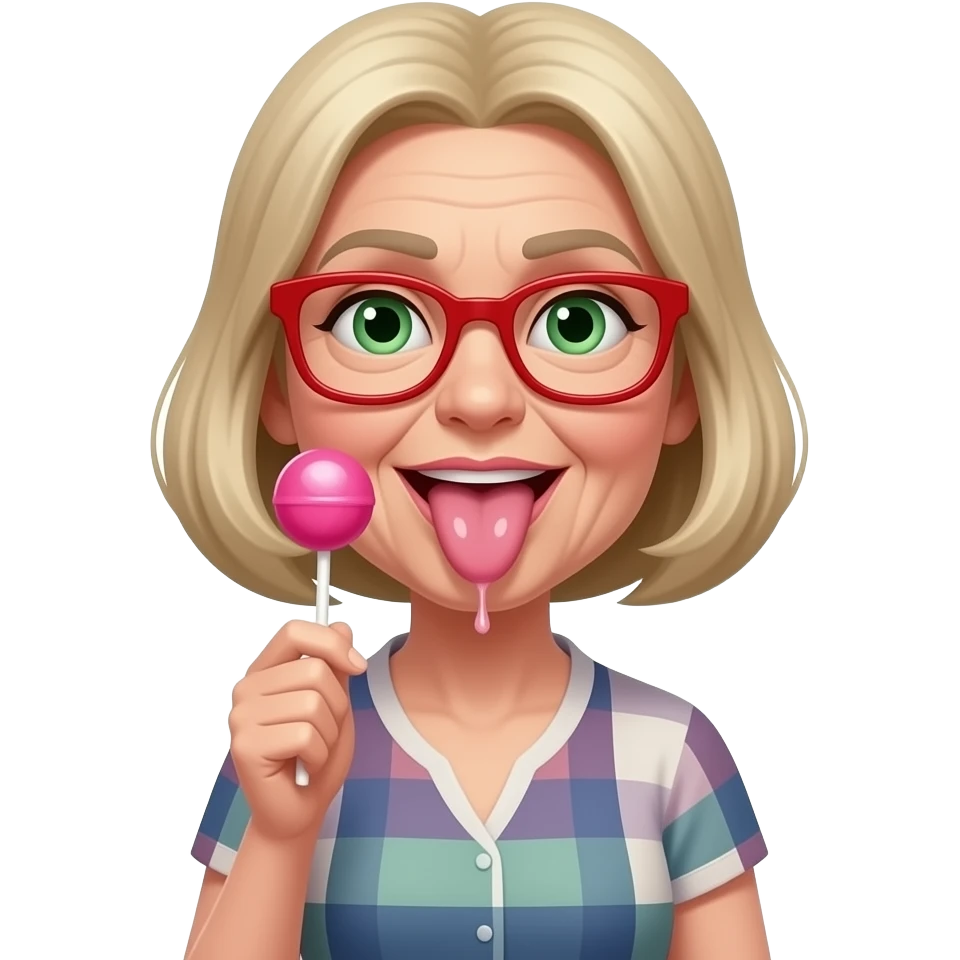 Lizanie loda przez starszą  kobietę i szczuplejszej  twarzy na patyku w kolorze różowym językiem włosy blond zielone oczy i okulary w kolorze czerwonym, kapiąca ślina emoji