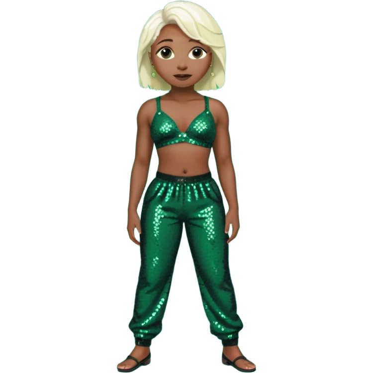 Cynthia Erivo with platinum blonde hair, dark sequin bra, dark green sequin baggy pants  emoji