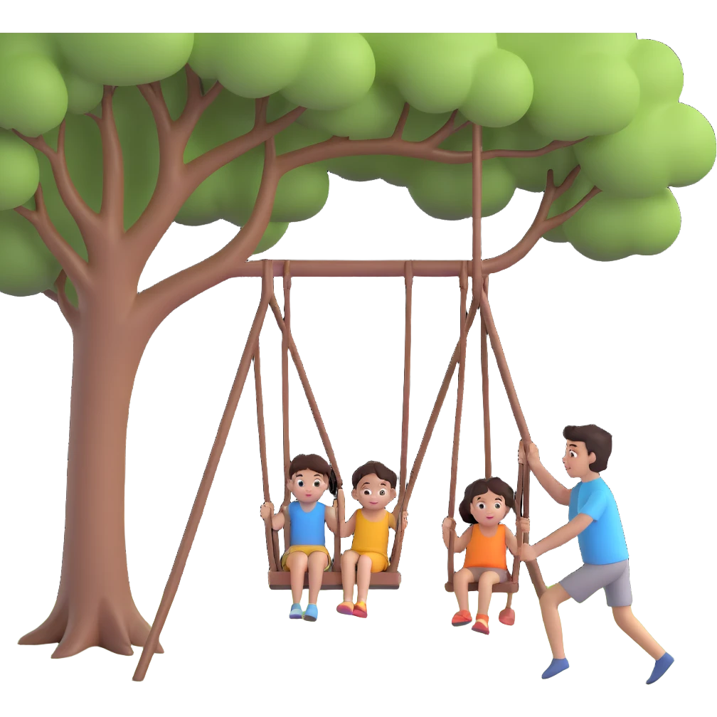 A person pushing a swing with a child sitting on it, outdoors, under a tree, in daylight. The swing is moving back and forth. Focus on the motion of swinging and the person gently pushing it emoji