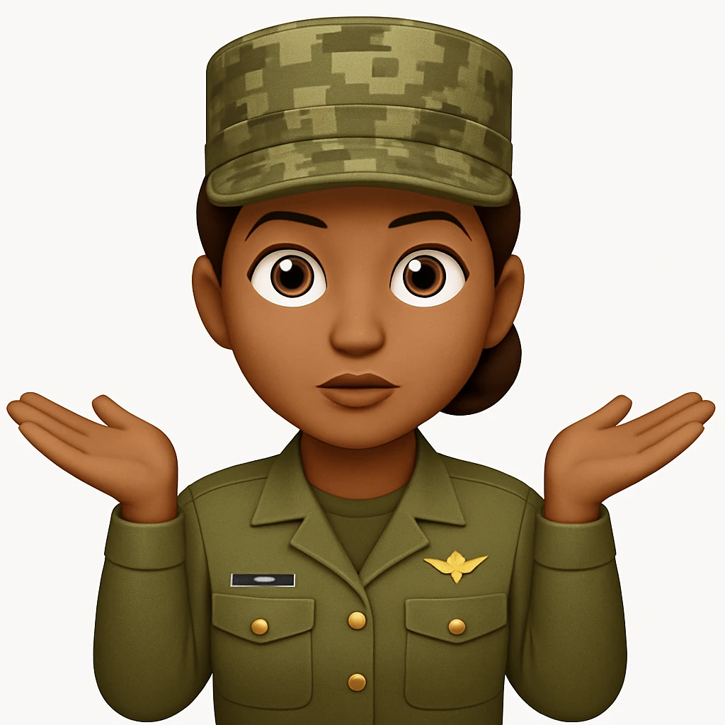 Make the girl's hairstyle a bun and add an army KFF (military cap) while keeping her brown skin, brown hair, and army attire. Keep the shrugging pose and emoji style. emoji
