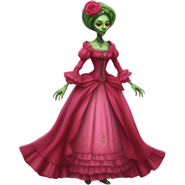 "green alien woman" galora in red pink Victorian dress elegant, full body emoji