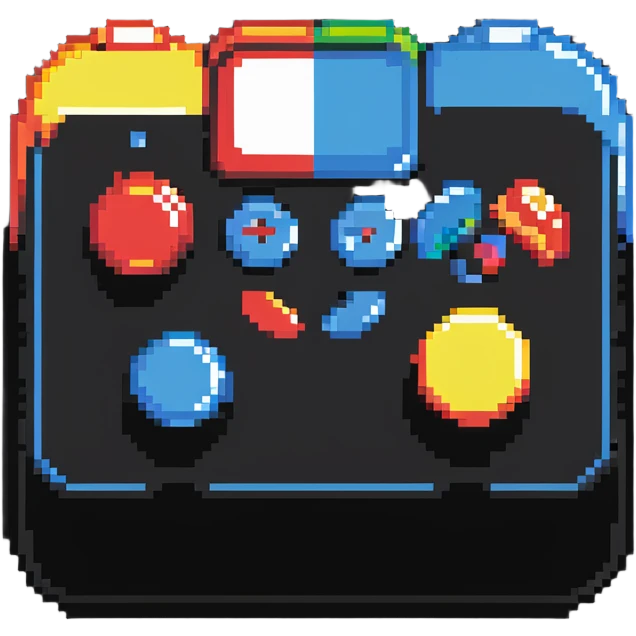 A modern fighting game joystick with multiple buttons in colorful pixel art emoji