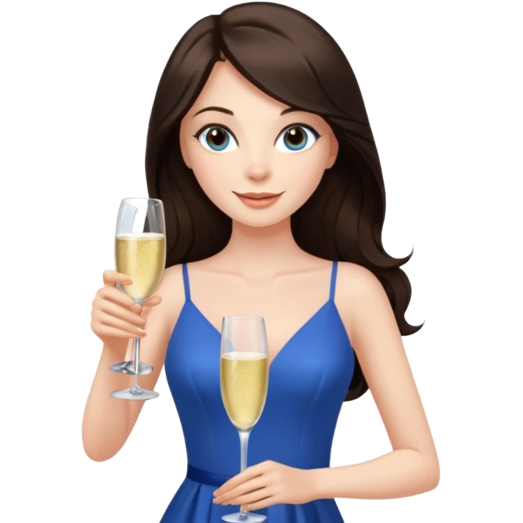 Sexy brunette woman long dark brown hair, hazel eyes, pale skin toasting with champagne in sexy blue dress emoji
