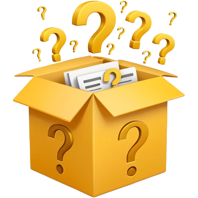  box printed with q&a over stuffed with yellow question marks emoji