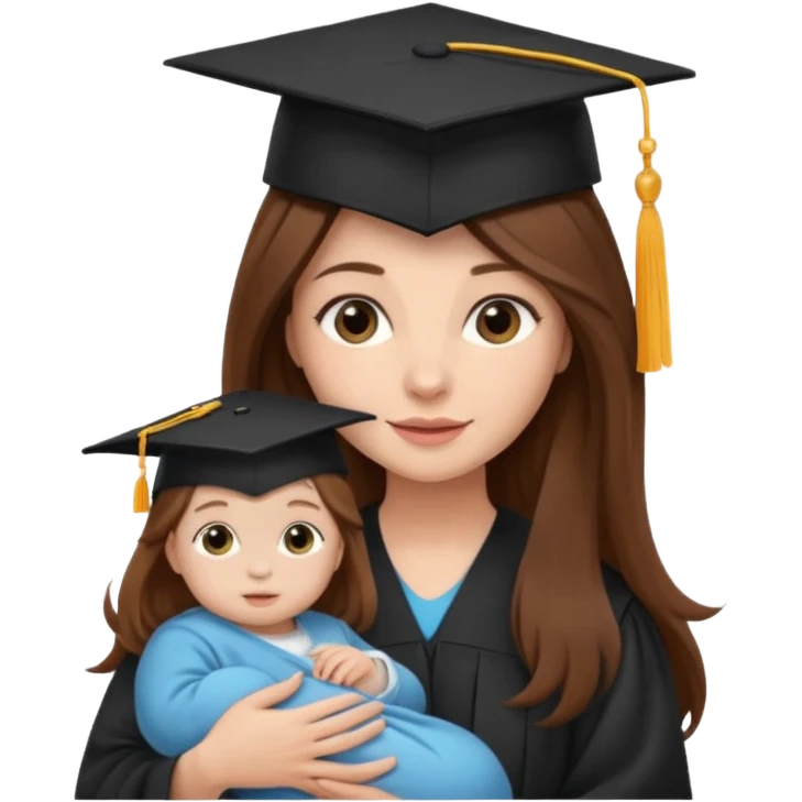 "Woman with long brown hair and fair skin wearing a graduation cap, holding a baby who has a hat and fair skin." emoji