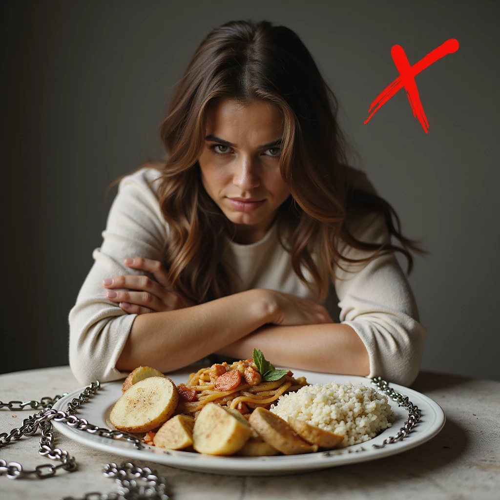 realistic style woman with crossed arms and defensive expression, face turned away from a plate containing bread, pasta, rice, and potatoes, symbols of refusal including a red Italian X and chains around the plate, Italian text if present, atmosphere of rejection emoji