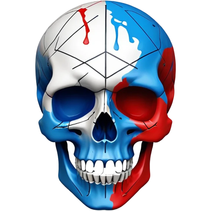 premium black skull with geometric brand patterns, striking electric blue and red paint splashes only within skull contours, perfect detailed fine art quality, three-quarter view emoji