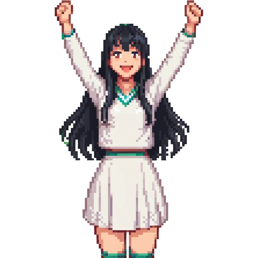 East Asian woman with long black straight hair and bangs cheering for Doosan Bears baseball team emoji