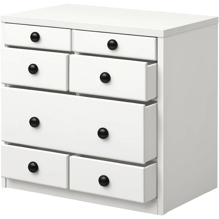 IKEA-inspired white 6-drawer chest with tiny black knobs, stacked emoji