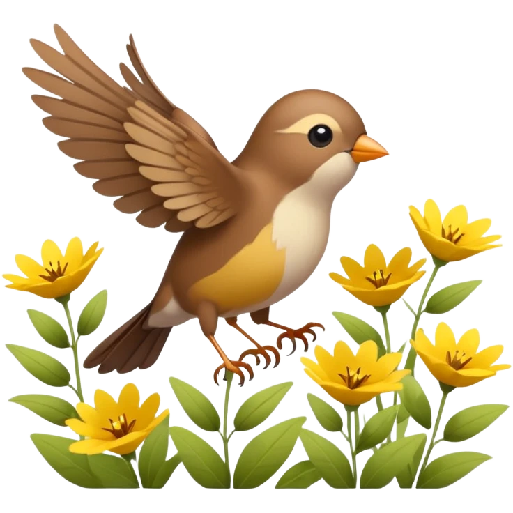 A tiny songbird fluttering its wings above wildflowers. emoji