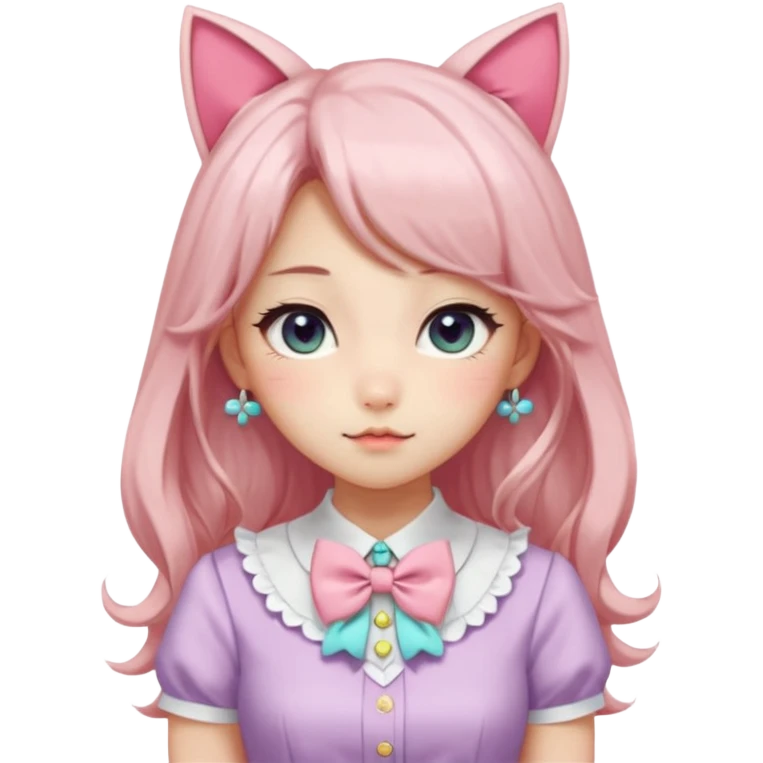 Gorgeous shiny smooth soft pretty aesthetic elegant beautiful gorgeous cute kawaii pastel anime style lady with blushing cheeks, cat ears, long beautiful Lucious stylish hair, big pretty eyes, cute colorful pastel dress and skirt and bow ties, and necklace emoji
