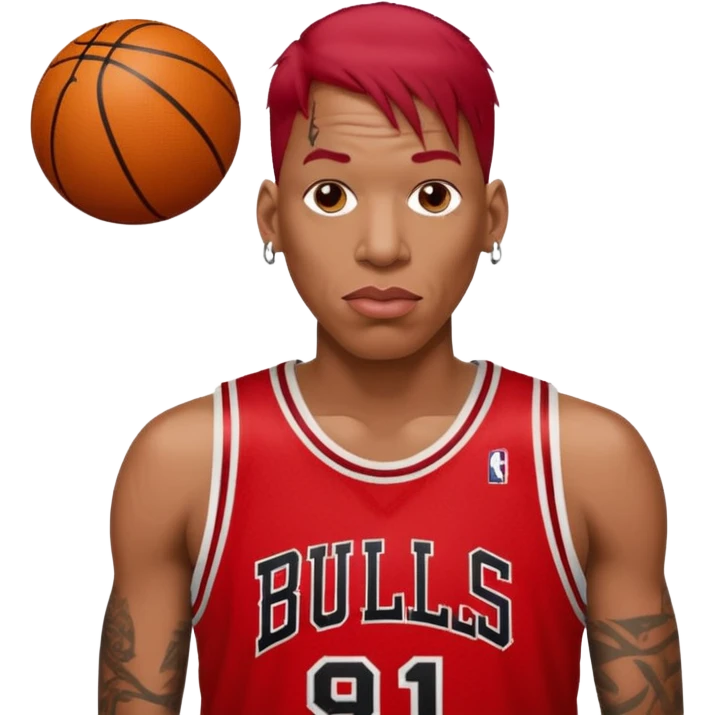 Dennis Rodman with a basketball and “91 “Chicago bull.with a very short red hair emoji