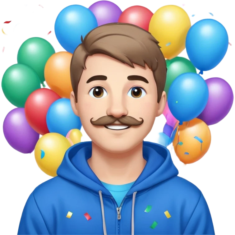 Mr. Beast wearing a blue hoodie, ferret mustache, small light beard, big friendly smile, standing in front of a colorful, fun background with confetti and balloons emoji