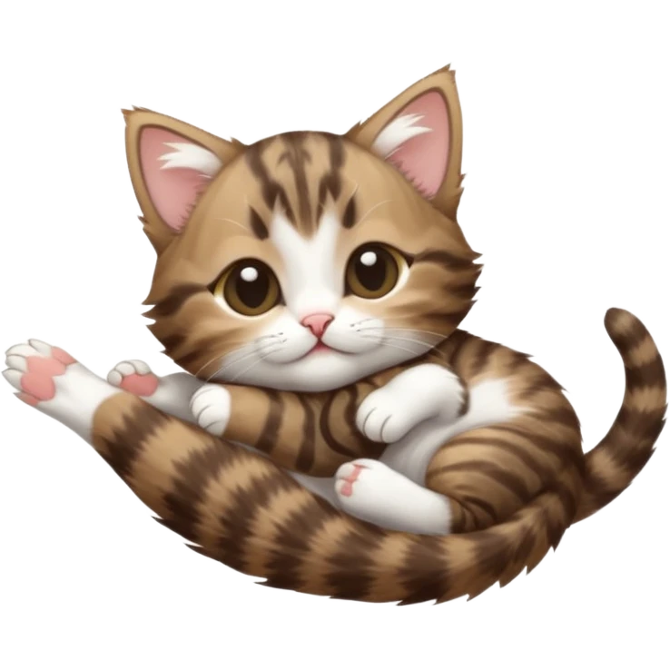 dark brown tabby and white kitten with his eyes closed whilst in funny positions stretched out and  upside down emoji