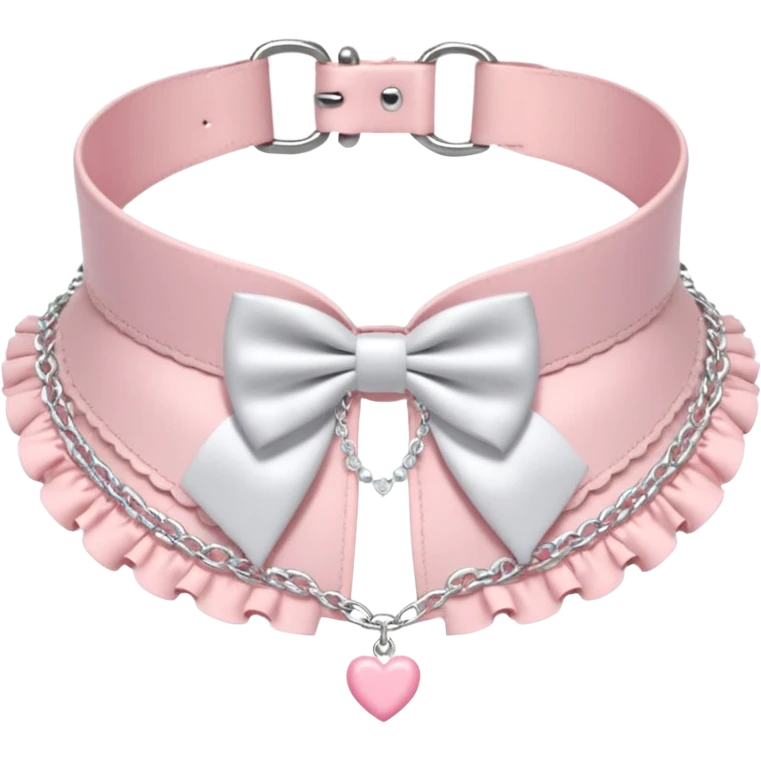 Pastel-baby-rose-pink Lolita-styled aesthetic cute kawaii choker-collar-necklace adorned with with white frills, roses, hearts, bow tie, silver chains,  emoji