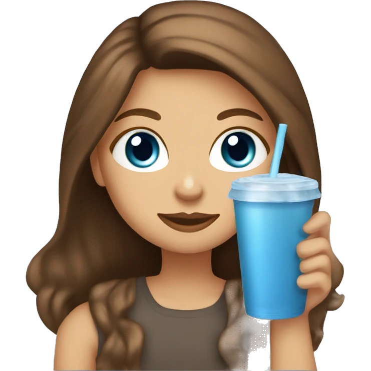 Girl with blue eyes long brown hair with highlights sipping iced coffee emoji
