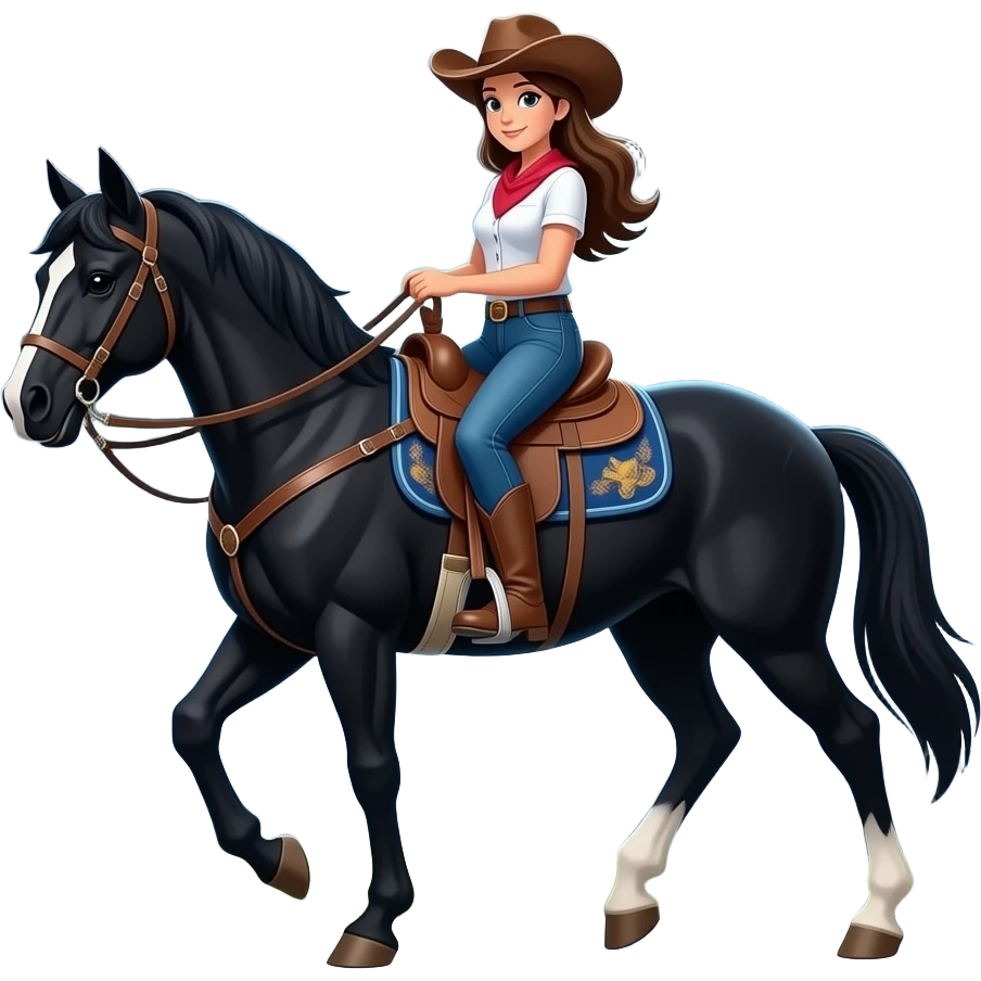 cowgirl leading black horse in thunderdtorm emoji