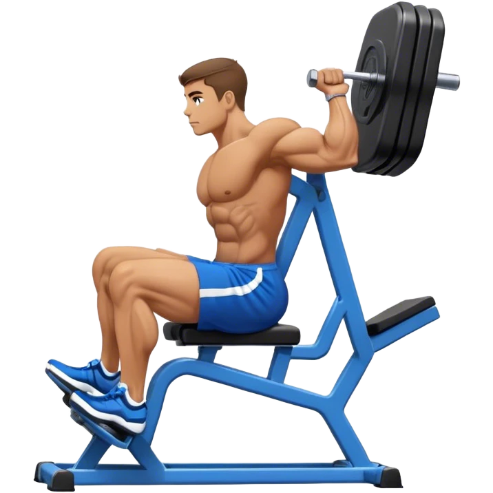 side-view bodybuilder in blue shorts seated weighted calf-raise machine on his tip toes emoji