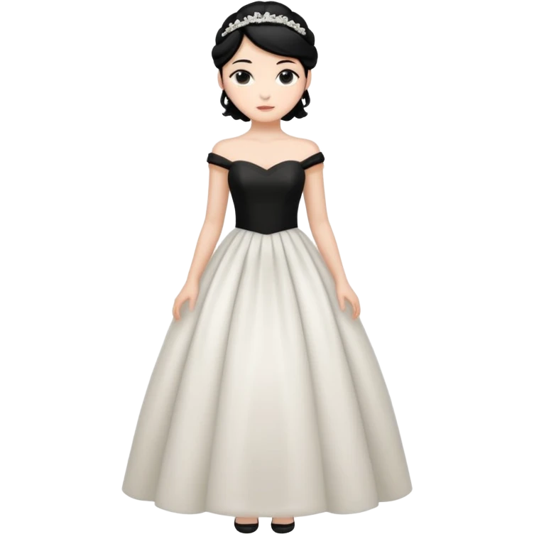 Chica blanca,cuerpo entero, vestido boda semilargo, pelo negro y recogido emoji