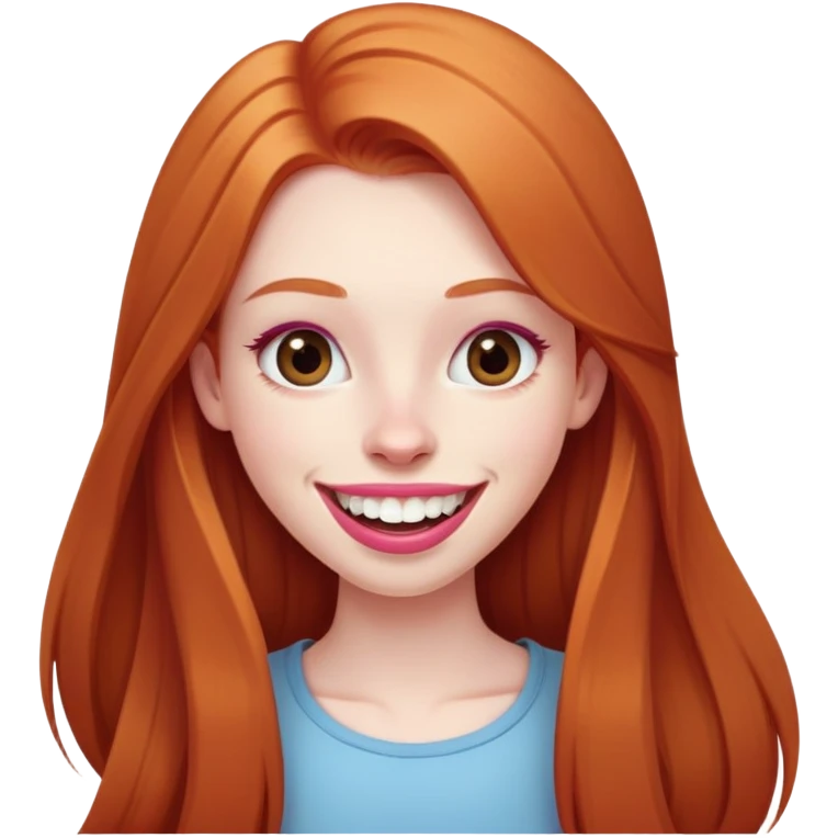 Young girl with pale skin, very long face, full pink lips smiling with big teeth, very long straight auburn hair (lighter ginger, not intense red), big brown eyes, big nose, big mouth emoji