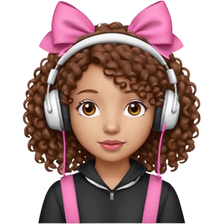 Light skin girl, brown curly hair with pink bows to the top,  white headphones on listening to music emoji. White background, square ratio. emoji