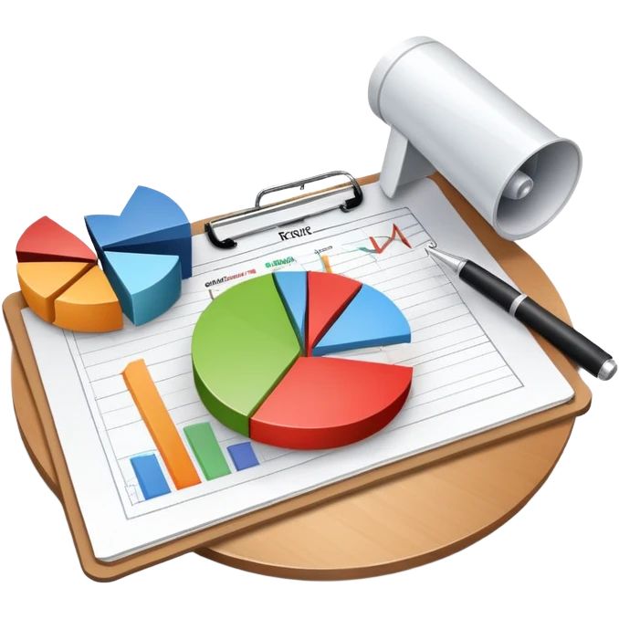 An icon featuring a pie chart, a megaphone, and a clipboard with strategy plans, symbolizing management and marketing. The design includes upward-trending graphs set against a modern office backdrop. Transparent background emphasizes business strategy and communication. emoji