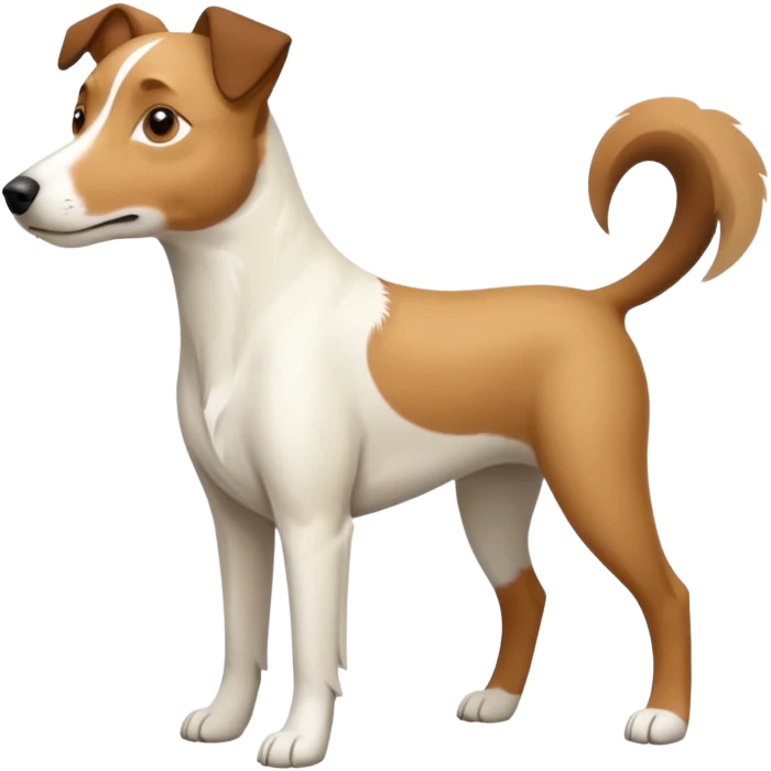 a full body large white parson russell looking dog the size of a kelpie with light brown flapped down ears and a light brown patch on one eye and a large snout emoji
