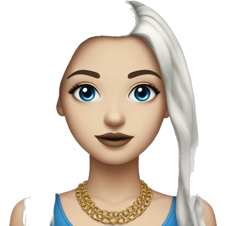 Hyperrealistic white girl with blue eyes and long black hair with rainbow fringe. Wearing gold chain necklace has dark eye makeup on her eyes emoji