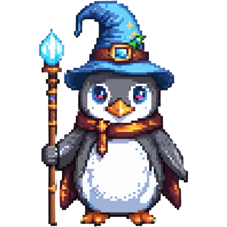 penguin wizard with staff and hat emoji