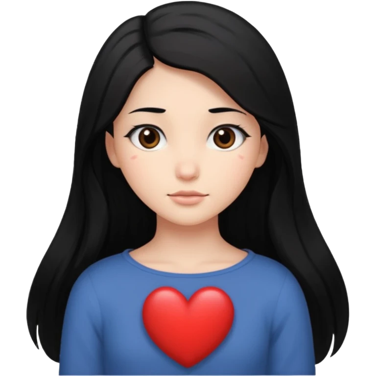 character with long black hair past elbow,  round, downturned dark brown eyes, heart shape face emoji