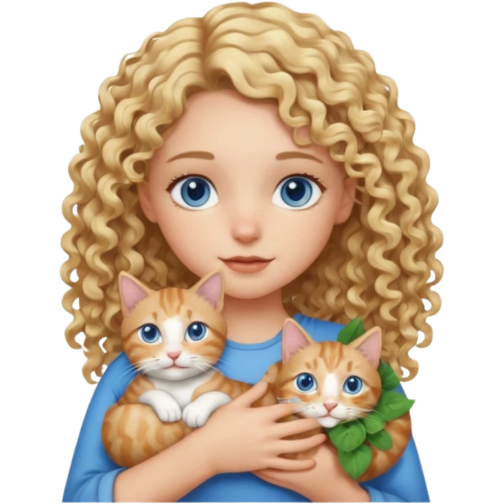 Blonde girl with curls and blue eyes holding a tabby cat that has one white patch on his eye that connects to his stomach emoji