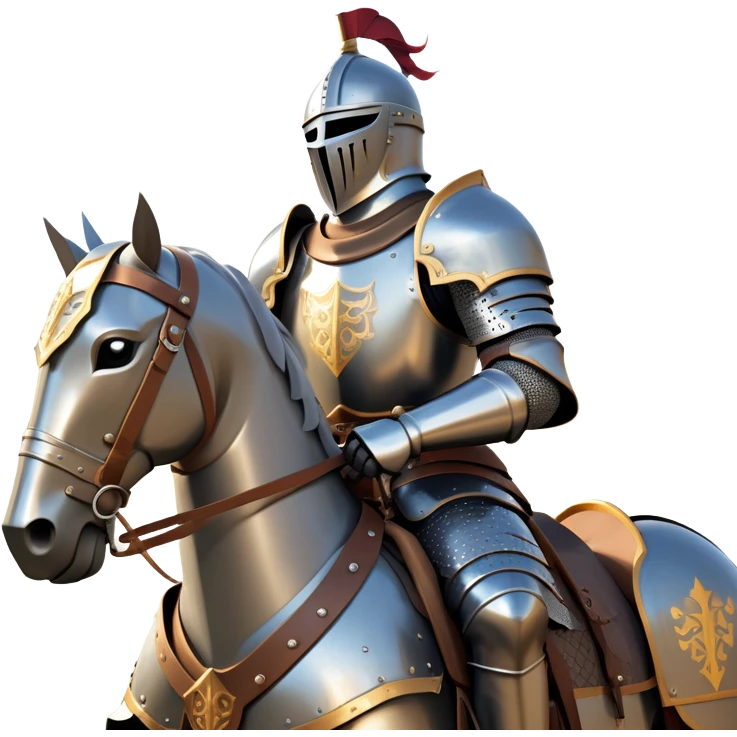 clash-of-clans-aesthetic_-cinematic-fearsome-and-majestic-knight-bust-portrait-emoji, rendered in a flat, vector-style with minimal shading and bold, simplified shapes, depicting a battle-ready medieval knight with steely eyes and intricate armor, mounted on a heavily armored warhorse with gleaming plated barding reflecting sunlight over a misty battlefield. emoji
