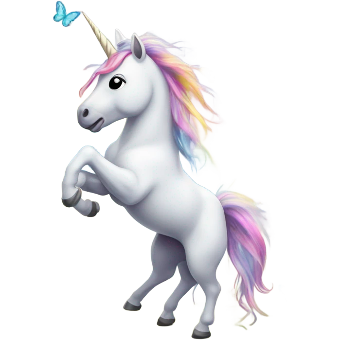 Unicorn dancing underneath a rainbow with butterflies all around her.  emoji