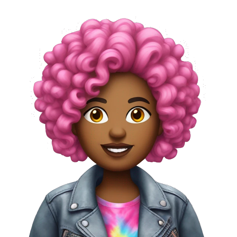 Plus size black woman with pink curly hair and a tie dye biker jacket  emoji