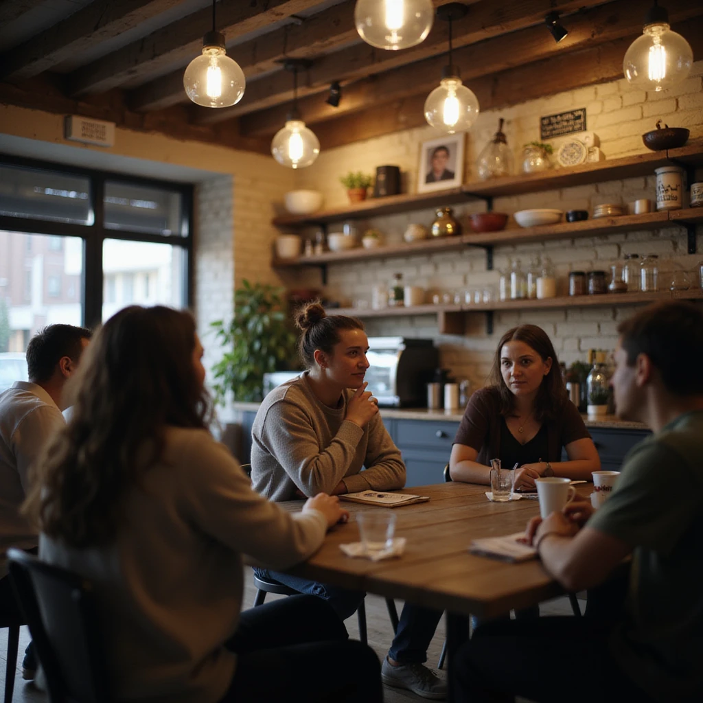 a person talking to a group in a cafe emoji
