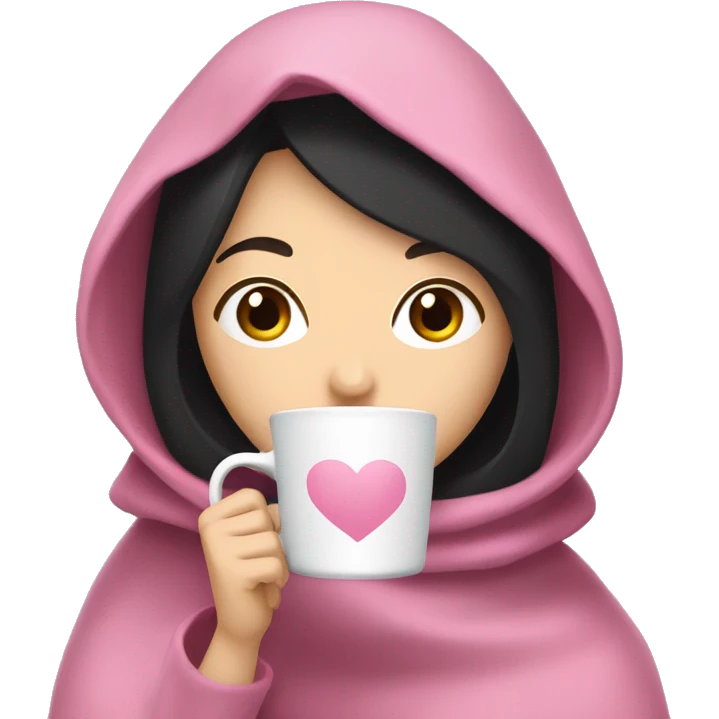Pale White girl with black hair and dark brown eyes pink blanket over her head and shoulders drinking coffee emoji