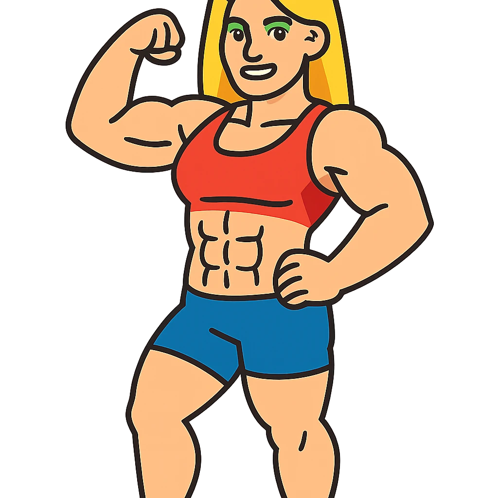 full body pose of a muscular white girl with blonde hair and green eyes, flexing 6 pack abs and one arm bicep emoji